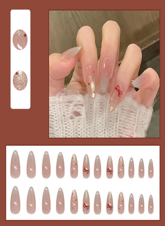 YoYoee 24Pes Short Press on Nails - Almond Fake Nails Nude Bow False Nails Gradient Full Cover Nails Tips for Women - Image 2